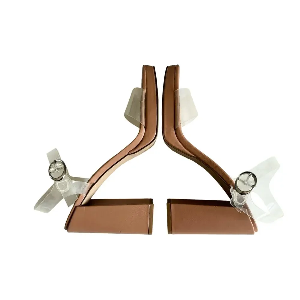 Steve Madden Women’s Persepoliss Beige Clear Strap Block Heel Sandals Size 9.5